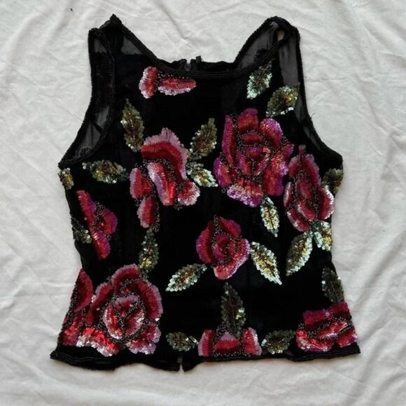 BOSTON PROPER 100% SILK SEQUIN ROSE TANK - Picture 1 of 6